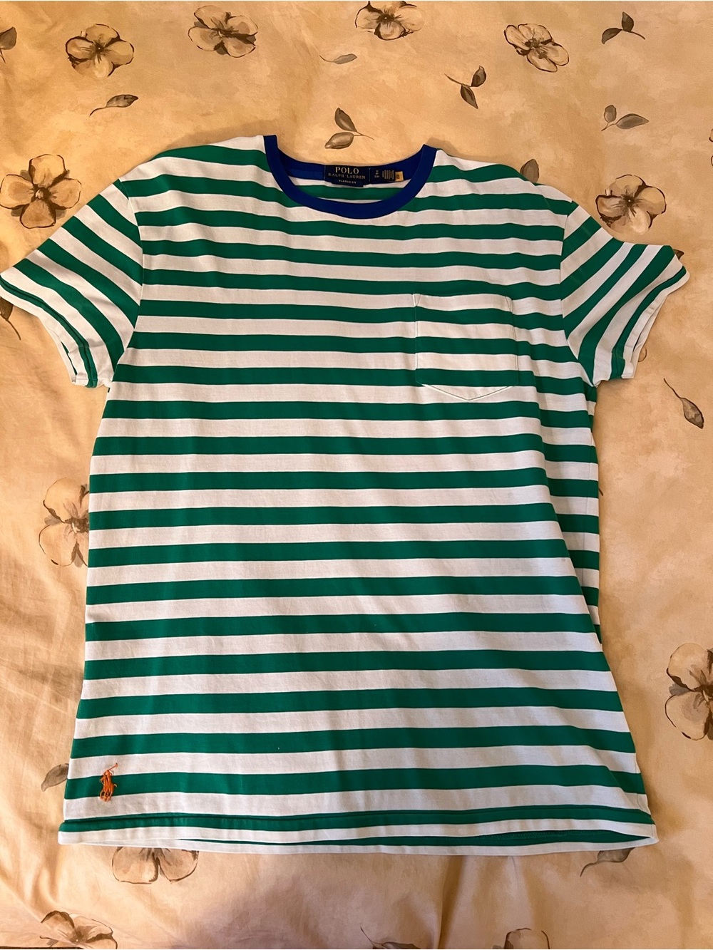 Ralph Lauren Green and White Striped Short-Sleeve Pocket Tee
